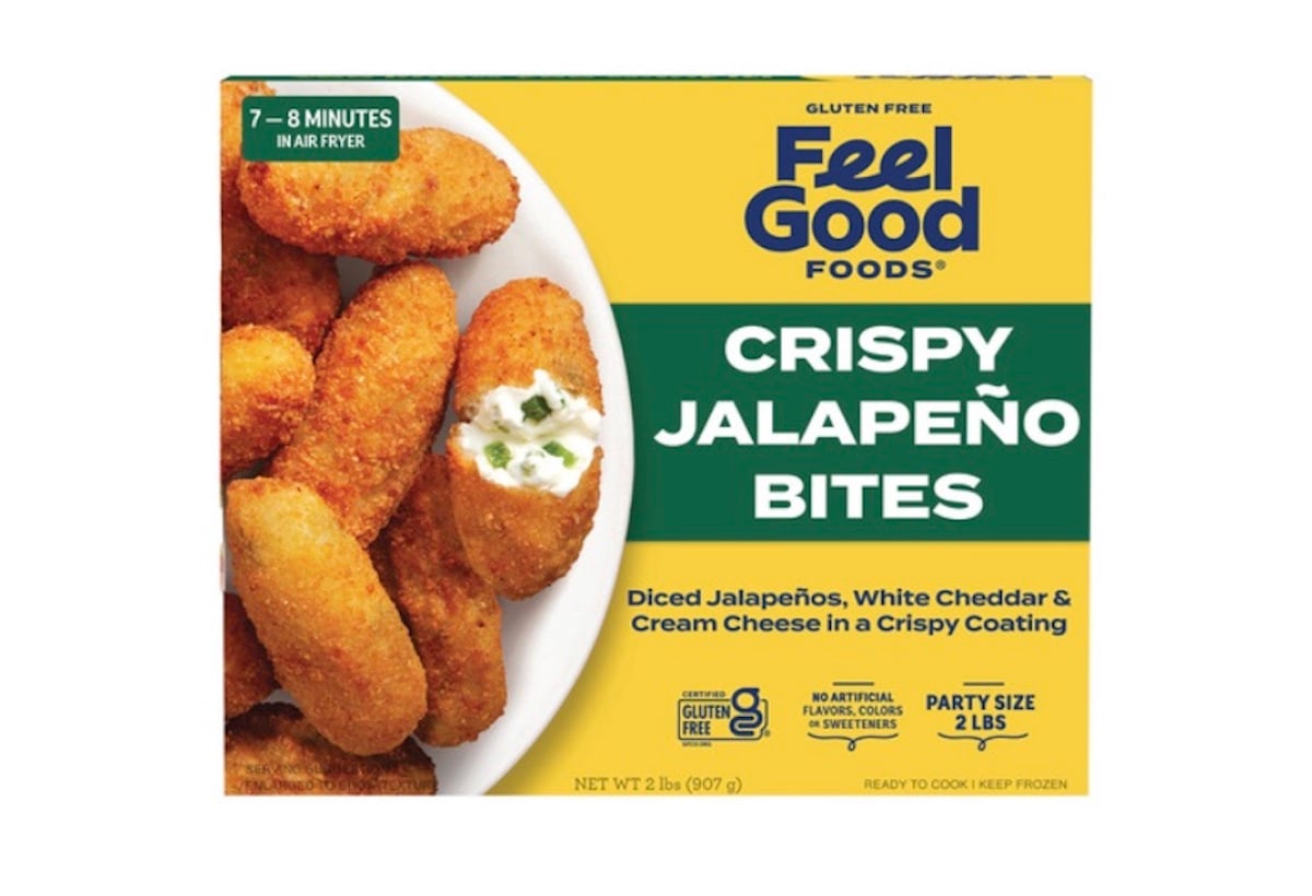 Box of Feel Good Foods Crispy Jalapeño Bites, featuring an image of breaded jalapeño snacks with creamy filling. Text highlights gluten-free, air fryer instructions, and party size.