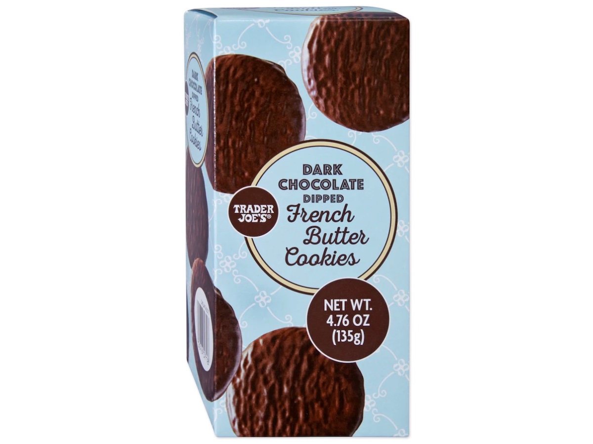 A box of Trader Joe’s Dark Chocolate Dipped French Butter Cookies, featuring images of round, chocolate-coated cookies on light blue packaging. The box shows the net weight as 4.76 oz (135g).
