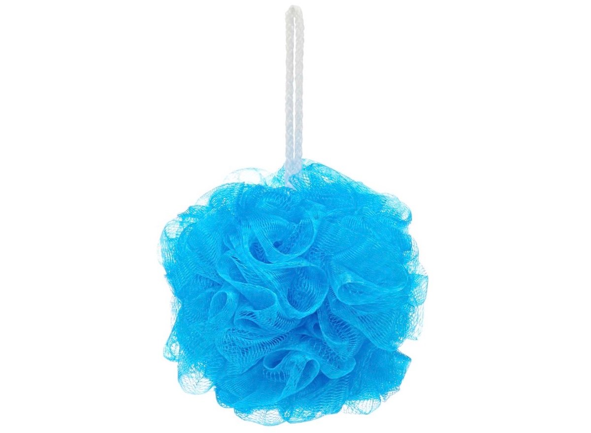 A blue mesh bath pouf with a white hanging loop, isolated on a white background.