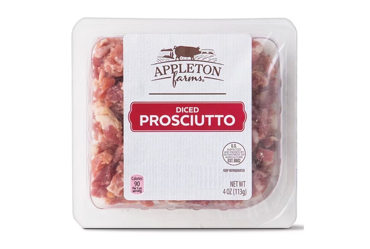 A plastic package of Appleton Farms diced prosciutto, showing chopped cured meat inside. The label includes the brand name, product name, weight of 4 oz (113g), and nutritional information.