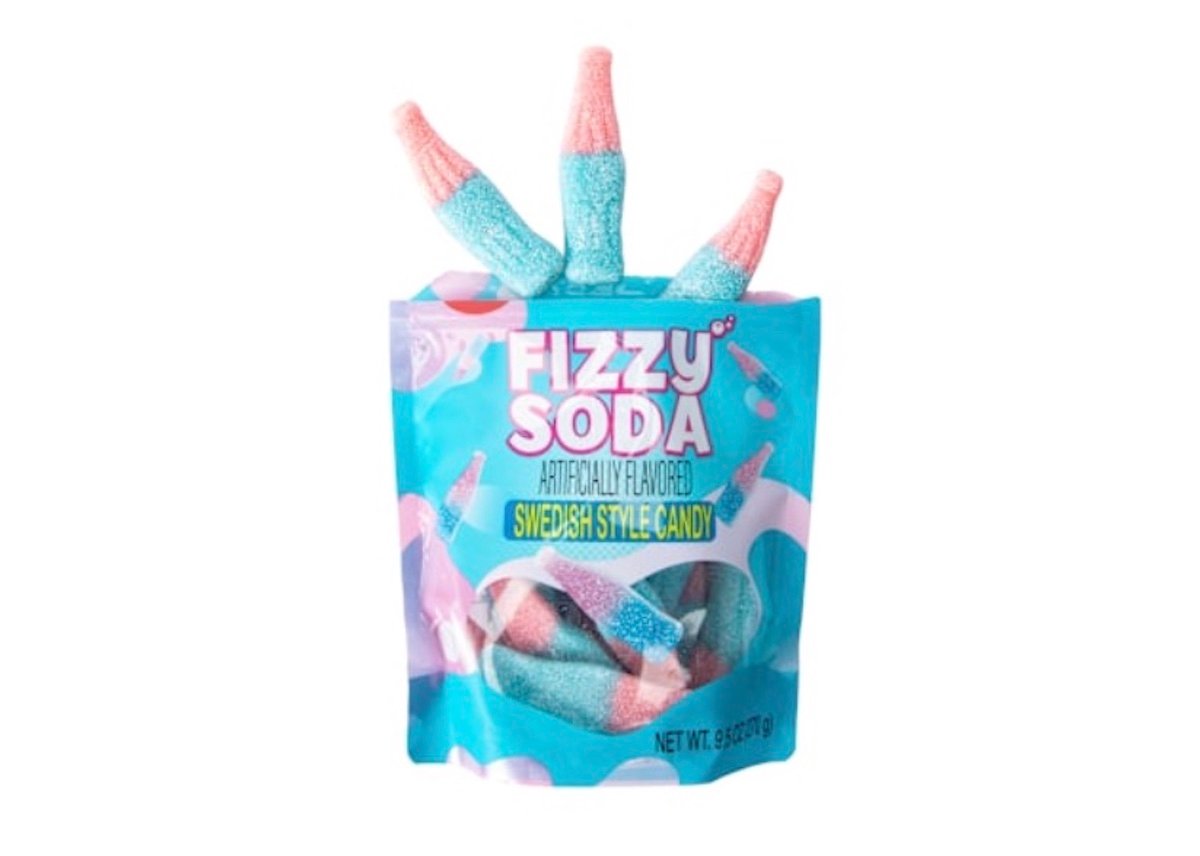 A blue and pink bag labeled "Fizzy Soda Swedish Style Candy" with several blue and pink soda bottle-shaped candies sticking out of the top. The bag shows the same candies and weighs 5 ounces.
