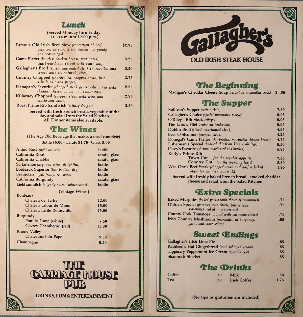 A vintage restaurant menu for Gallagher’s Old Irish Steak House and The Carriage House Pub, listing lunch, starters, mains, specials, drinks, and desserts, bordered with green Celtic designs on cream-colored paper.