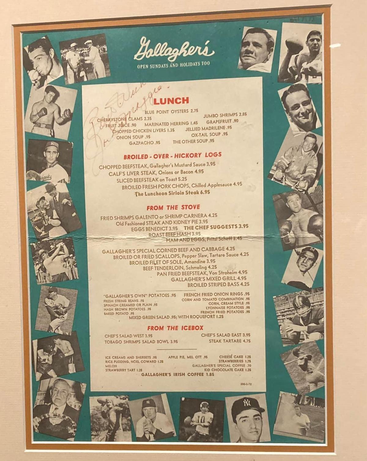 A vintage Gallagher’s restaurant menu featuring lunch options, prices, and black-and-white photos of baseball players around the border. The menu has handwritten signatures and a retro design.