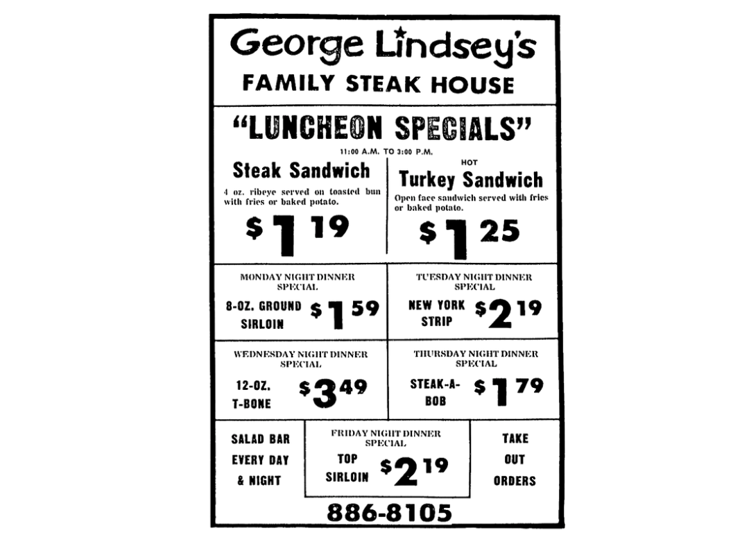 Black and white menu ad for George Lindsey's Family Steak House featuring "Luncheon Specials" like Steak Sandwich for $1.19 and Turkey Sandwich for $1.25, plus various steak specials and the phone number 886-8105.