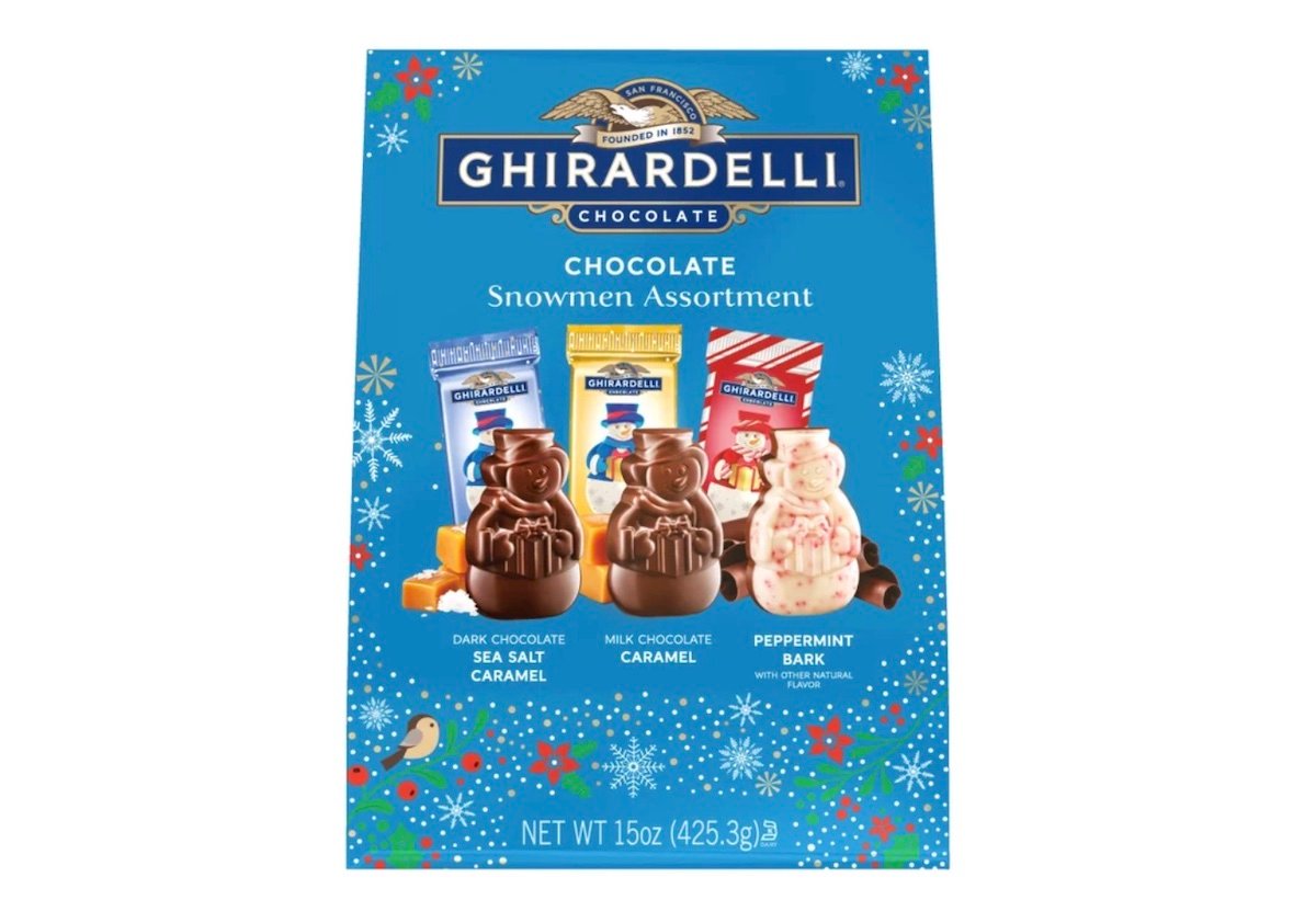 A blue box of Ghirardelli Chocolate Snowmen Assortment featuring images of dark chocolate sea salt caramel, milk chocolate caramel, and peppermint bark snowman chocolates, decorated with snowflakes and festive designs.