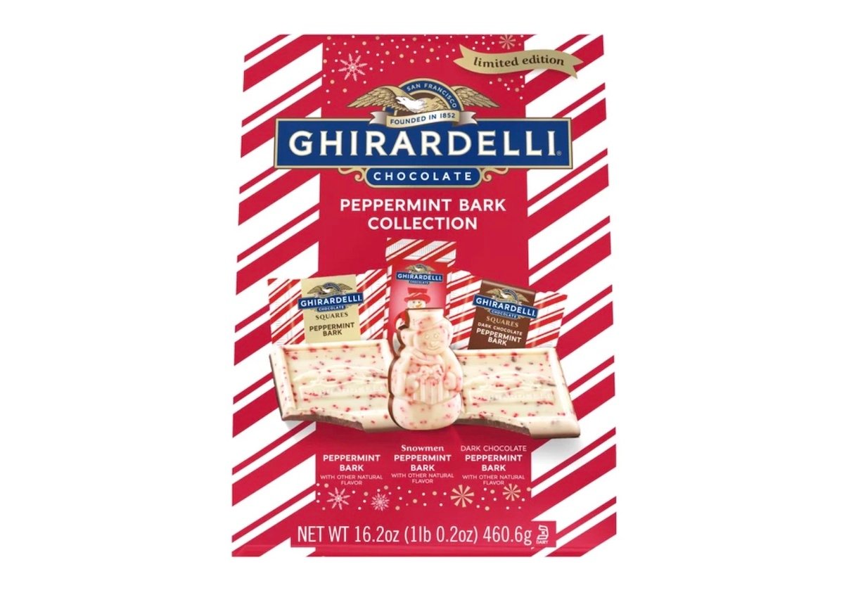 Ghirardelli Peppermint Bark Collection box with a red and white candy cane stripe design, showing images of peppermint bark squares and a Santa figure. Text indicates it's a limited edition, 16.2 oz.