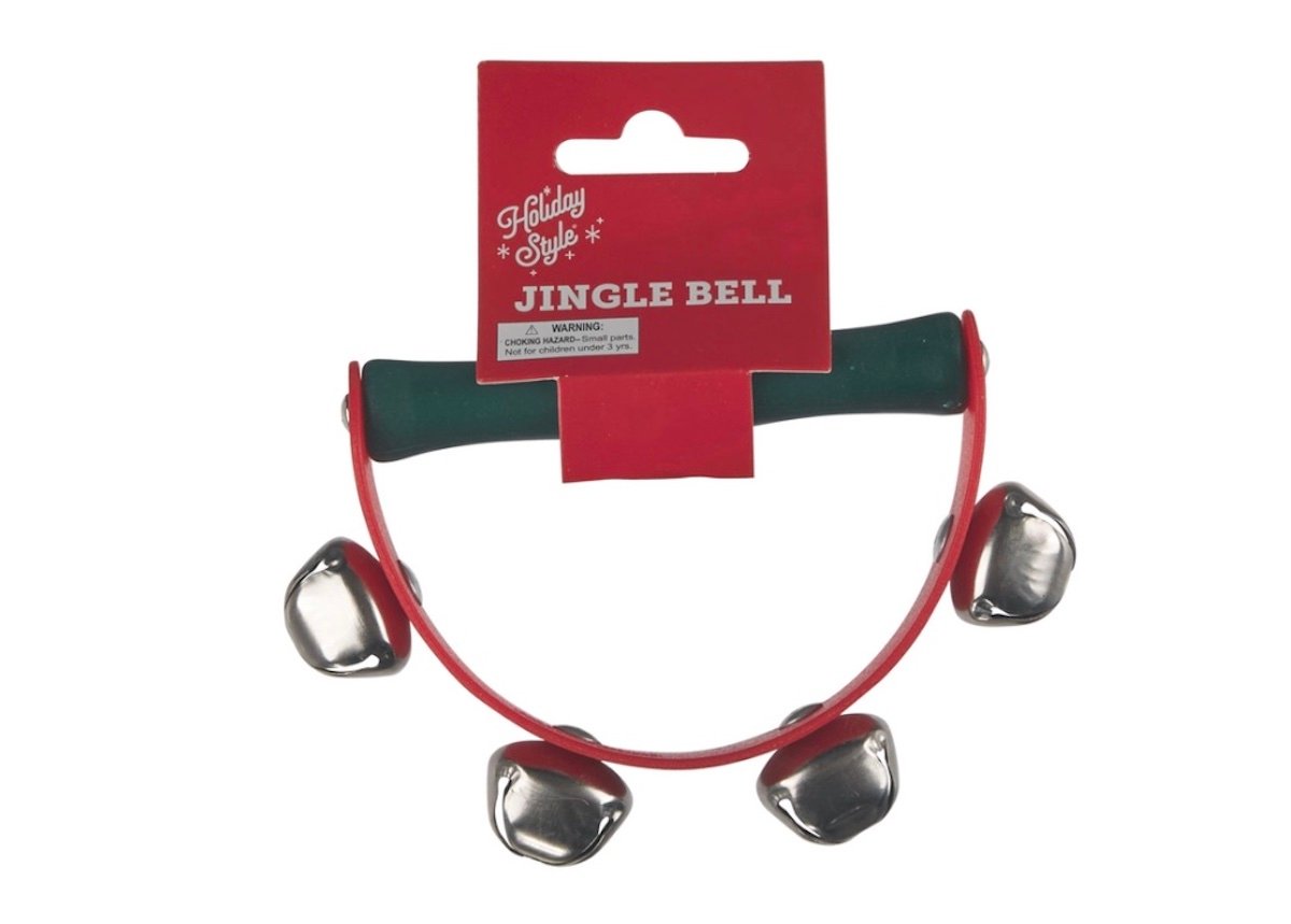 A handheld red and green jingle bell instrument with four silver bells and a red packaging label reading "Holiday Style Jingle Bell.