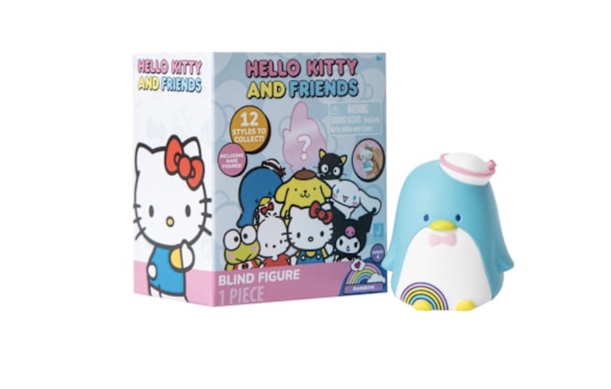 A "Hello Kitty and Friends" blind figure box is shown next to a small blue penguin toy with a white hat and bow tie, part of the collectible series.