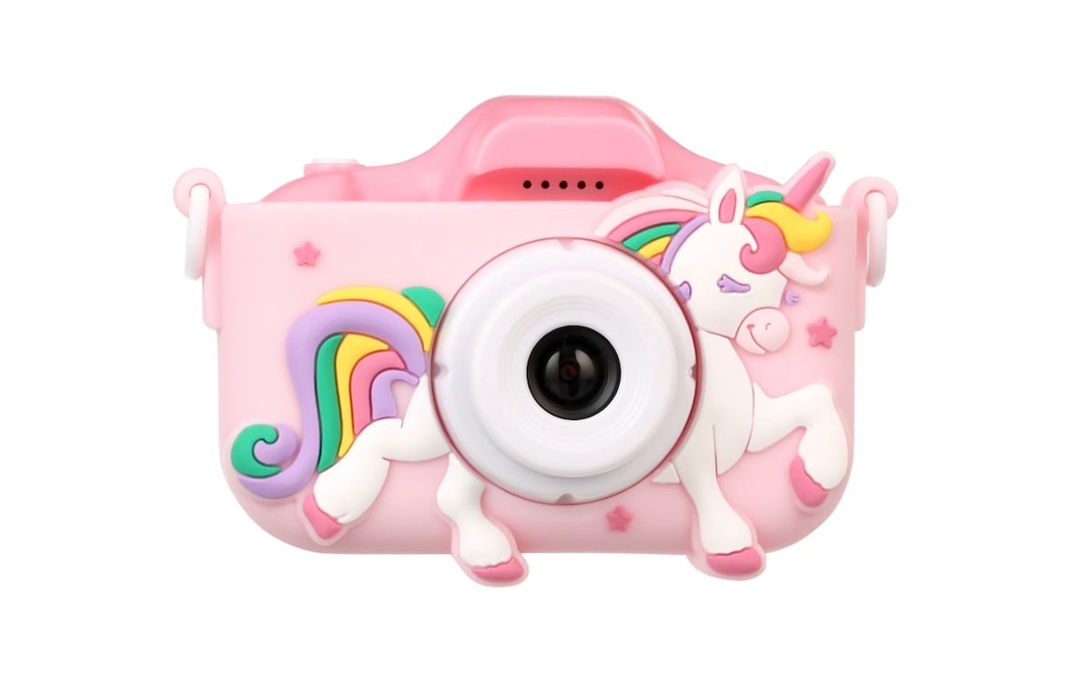A pink toy camera decorated with a colorful unicorn design, featuring a rainbow mane and tail, and pink stars, with the camera lens in the center.