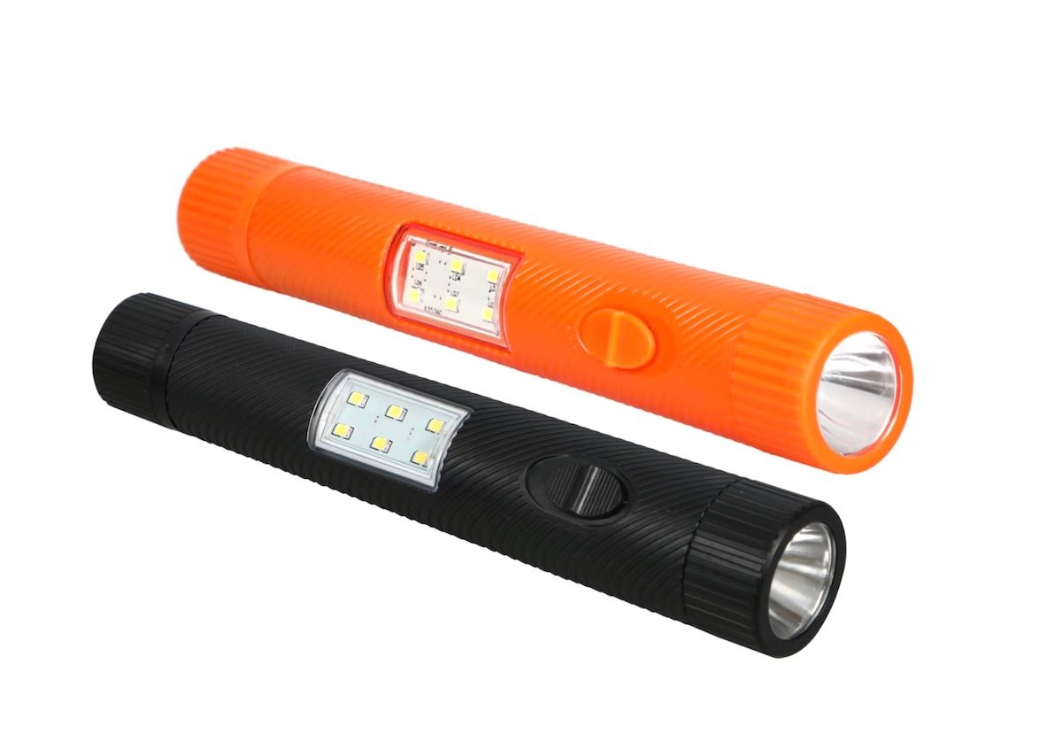 Two cylindrical LED flashlights, one orange and one black, are shown side by side. Each has a power button and a rectangular LED panel on the body, with a flashlight lens at one end.