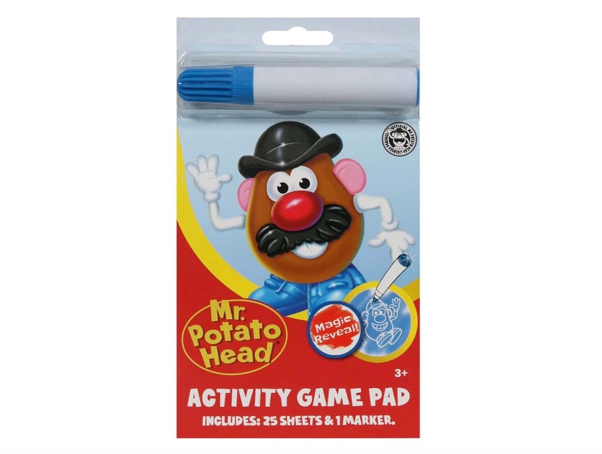 Packaging for a Mr. Potato Head Activity Game Pad featuring an illustrated potato head character, a blue magic reveal marker, and text stating it includes 25 sheets and 1 marker; for ages 3 and up.