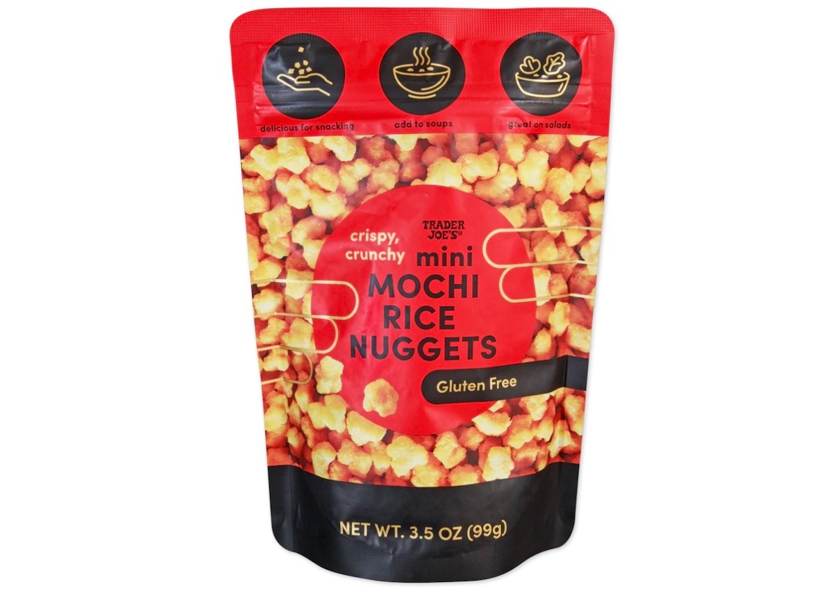 A red, resealable package of Trader Joe’s Crispy Crunchy Mini Mochi Rice Nuggets, labeled gluten free, with suggested uses for snacking, soups, and salads. The package contains 3.5 oz (99g) of product.