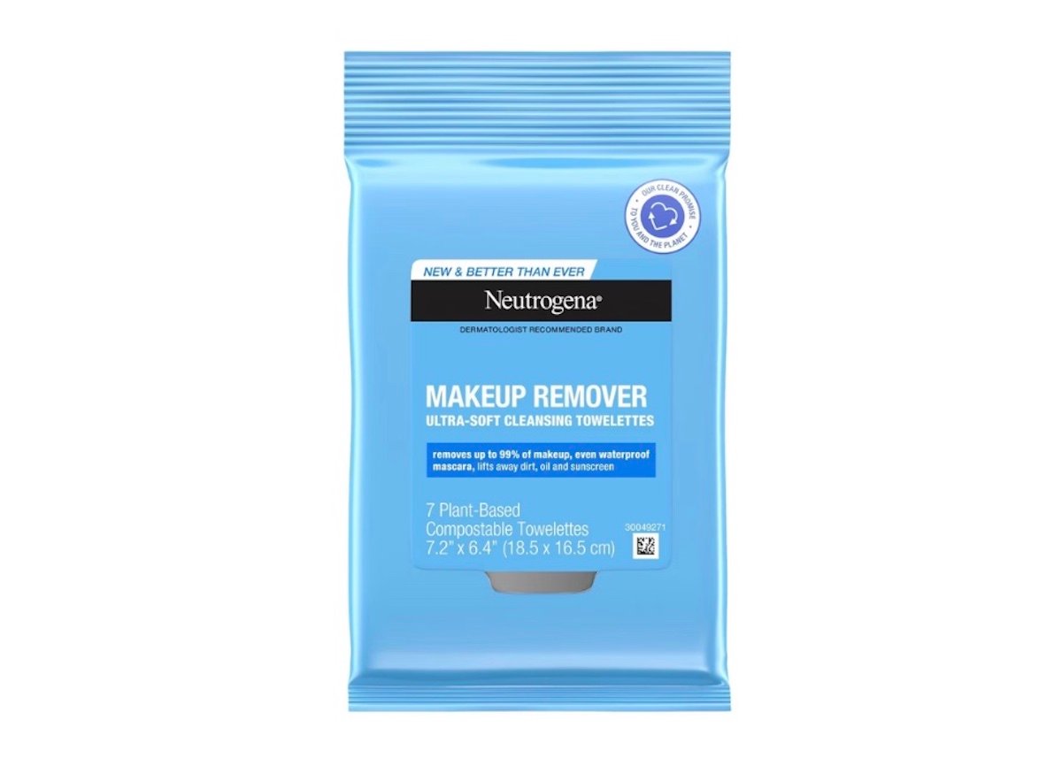 A blue package of Neutrogena Makeup Remover ultra-soft cleansing towelettes, featuring text about plant-based compostable wipes and claims of removing up to 99% of makeup, including waterproof mascara.