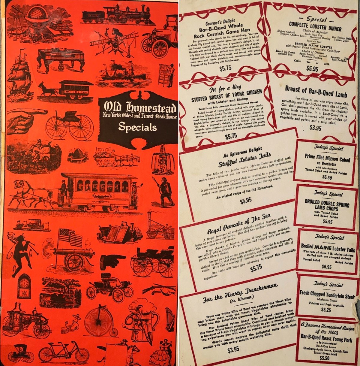 An illustrated red and tan restaurant menu from Old Homestead features vintage transportation drawings on the left and a list of steakhouse dinner specials and prices on the right.