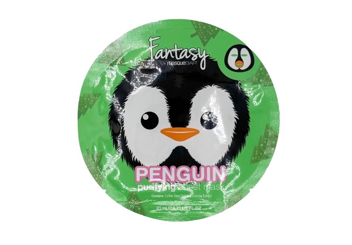 A round green package featuring a cartoon penguin face, labeled "Fantasy Masque Bar" at the top and "Penguin Purifying Sheet Mask" at the bottom, with a small circular logo of a penguin in the upper right corner.