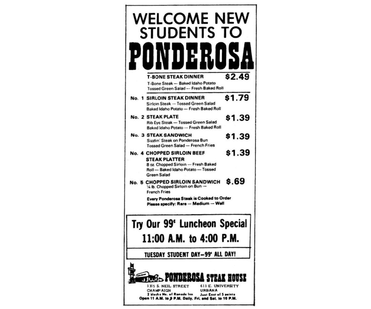 Black and white vintage menu for Ponderosa Steak House featuring steak dinners and sandwiches with prices, a welcome message for new students, and details about a 99-cent luncheon special.