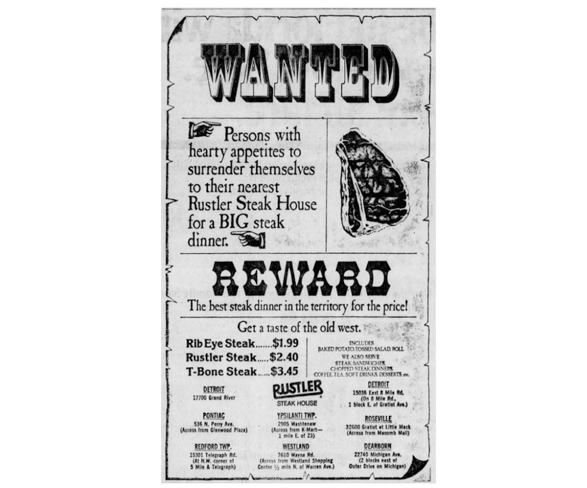 Black and white ad for Rustler Steak House with a “WANTED” headline, an illustration of a steak, menu prices for rib eye, rustler, and T-bone steaks, and a reward for hearty appetites seeking a big steak dinner.