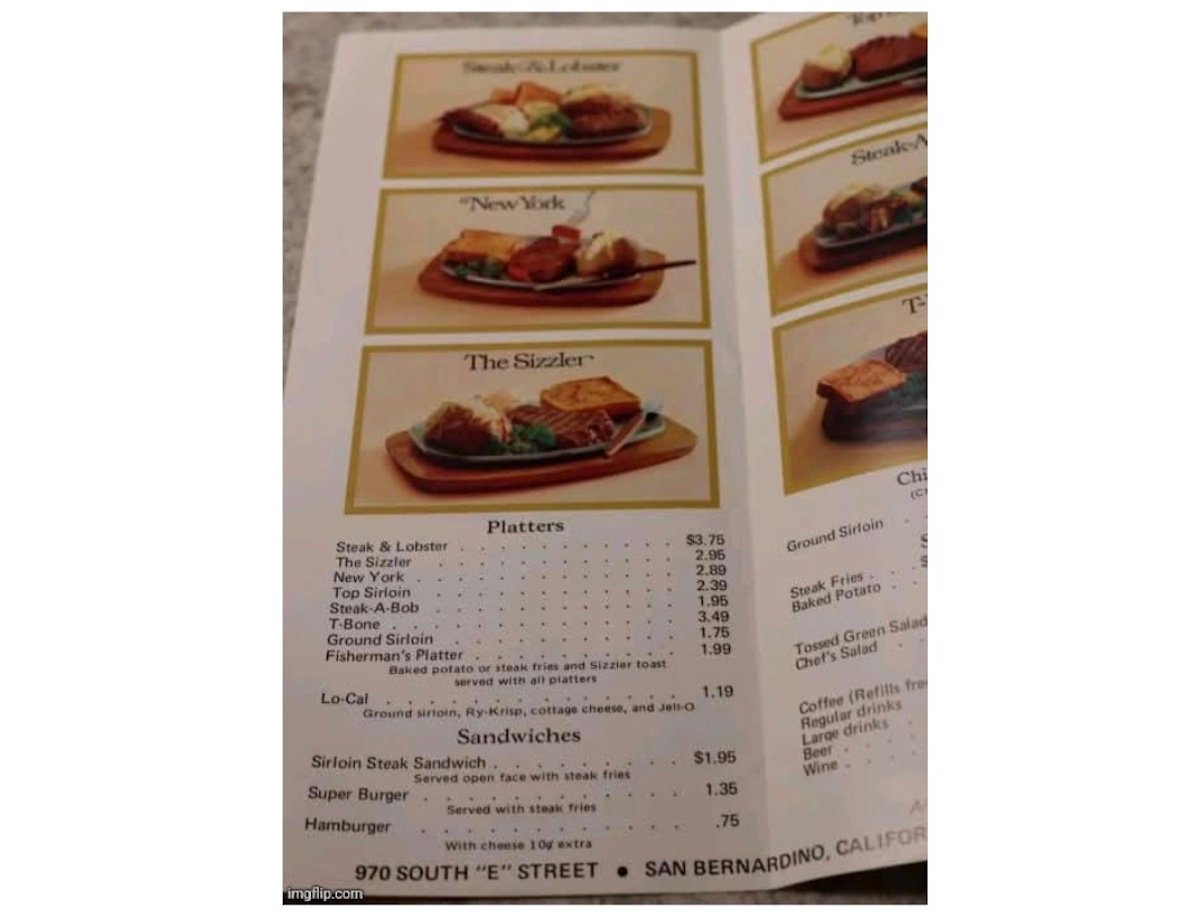 A restaurant menu showing platters like steak and lobster, top sirloin, T-bone, and sandwiches such as sirloin steak sandwich and hamburger, with prices listed. The restaurant is located in San Bernardino, California.