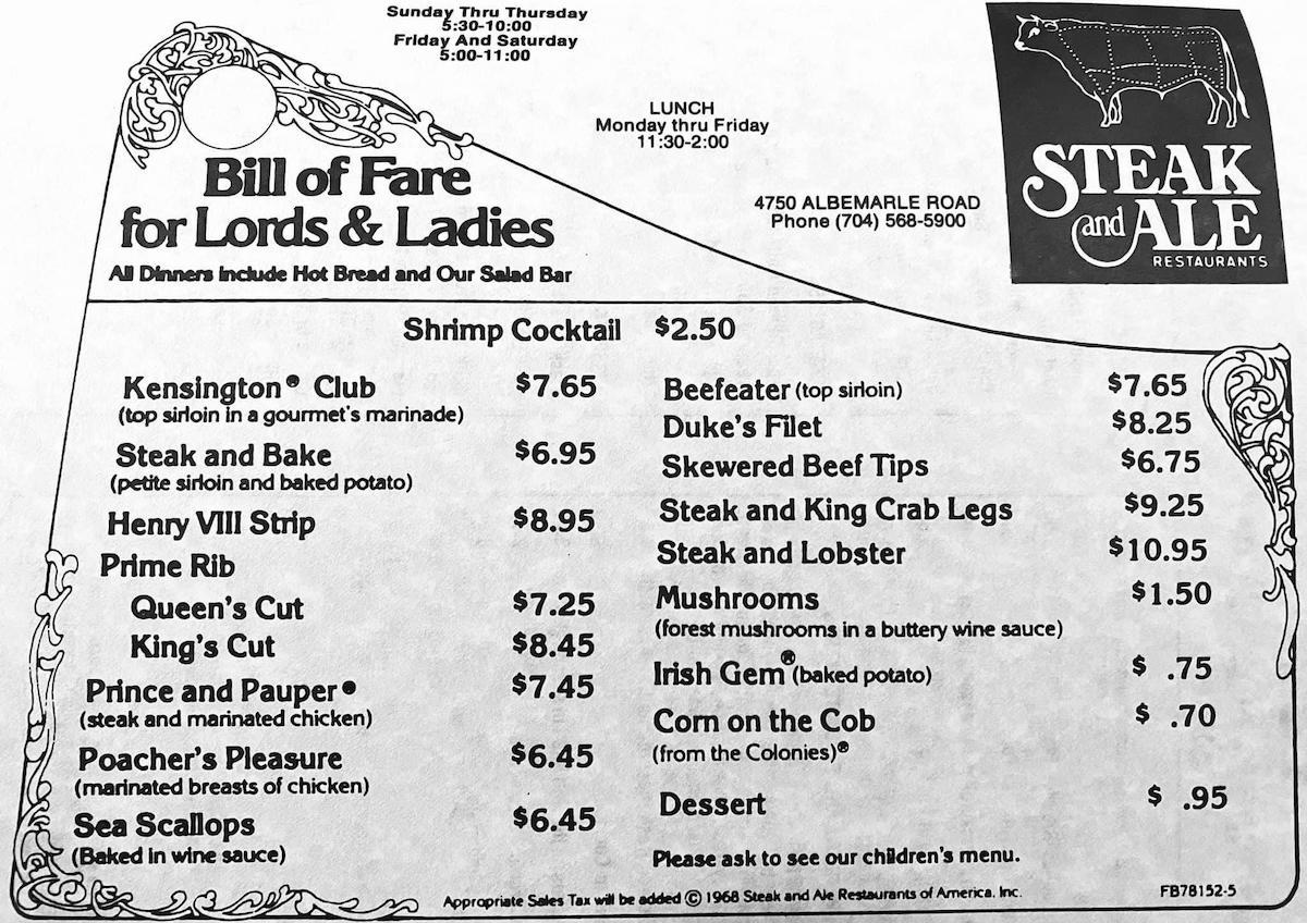 A vintage Steak and Ale restaurant menu lists dinner options, prices, and hours. Dishes include Kensington Club, prime rib, steak, seafood, and side items. The menu features a cow graphic and "Bill of Fare for Lords & Ladies" heading.