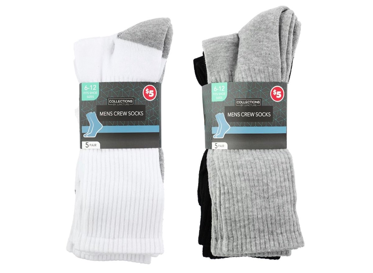 Two packs of men’s crew socks are shown. The left pack contains white and gray socks, and the right pack has gray, black, and white socks. Each pack is labeled “Men’s Crew Socks, 5 pair,” and priced at $5 for sizes 6-12.