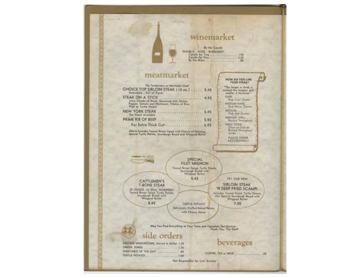 A vintage restaurant menu titled "winemarket" and "meatmarket" lists steak and beef dishes with prices, wine selections, side orders, beverages, and a small guide on how to order your steak done. The design is simple with brown text.