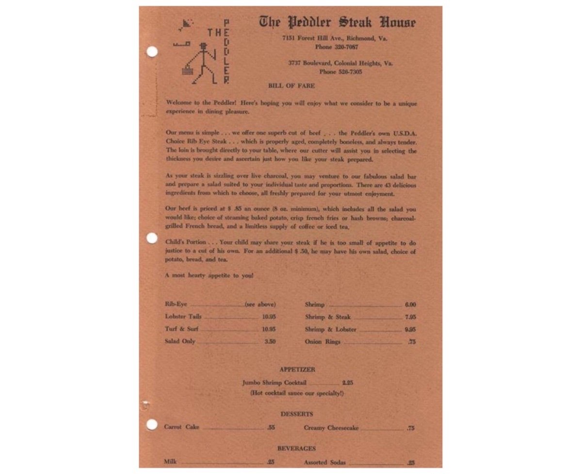 A vintage, brown menu from The Peddler Steak House featuring steak and seafood options, appetizers, desserts, beverages, and the restaurant’s address and phone numbers at the top. Black text is printed on one side.