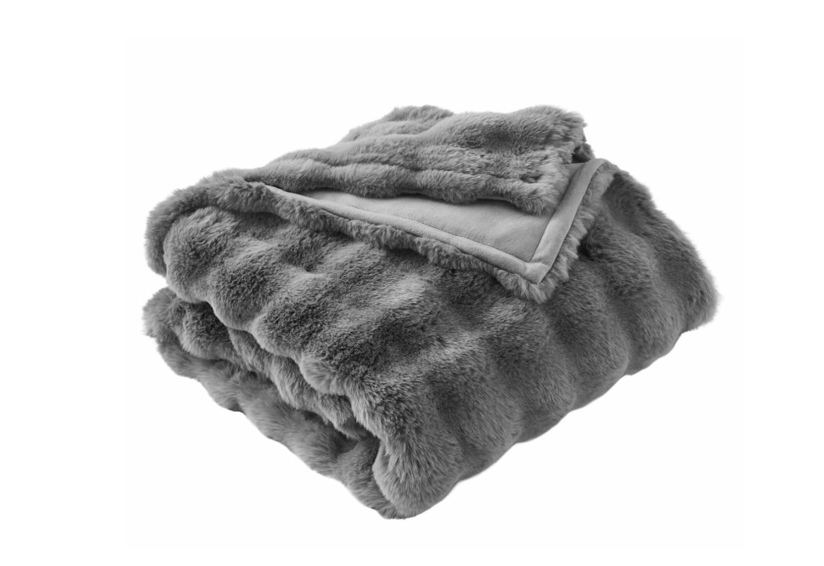 A soft, fluffy gray faux fur blanket is neatly folded on a white background, showing its plush texture and cozy appearance.