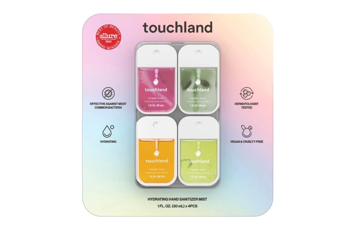 A set of four colorful Touchland hydrating hand sanitizer mists in pink, green, orange, and white containers, displayed in a square package with icons highlighting effectiveness, hydration, dermatological testing, and cruelty-free features.