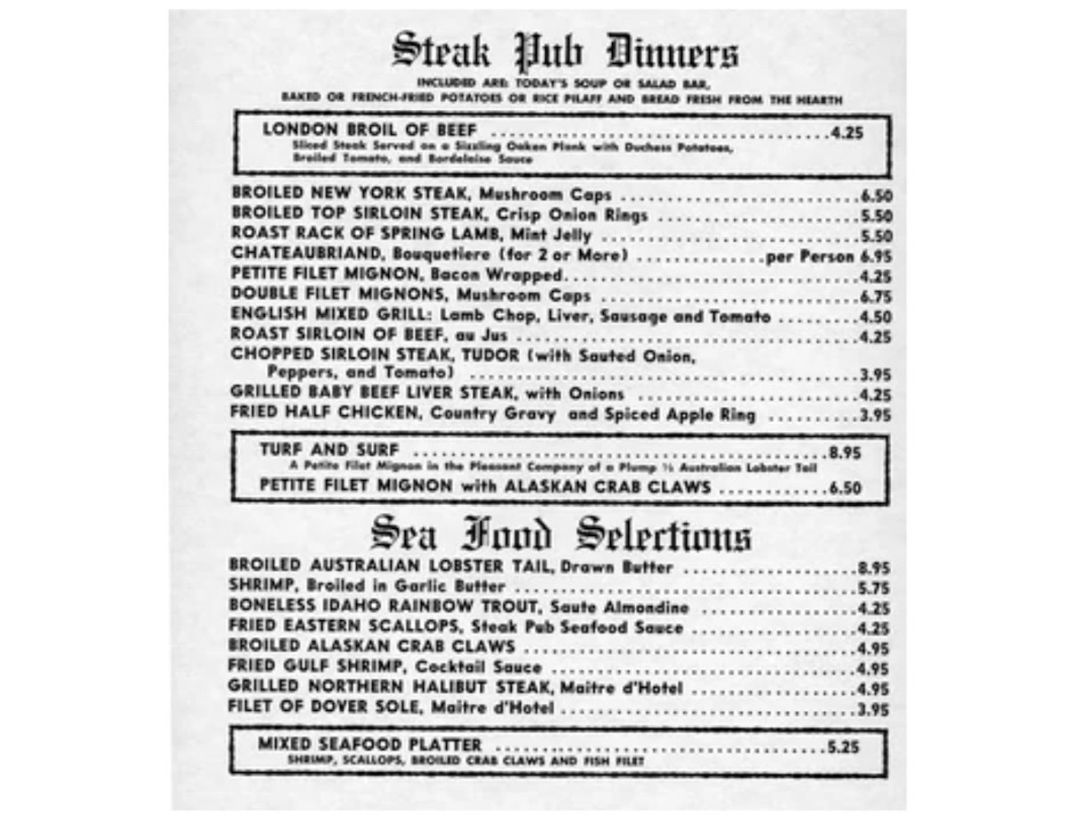 A vintage restaurant menu listing “Steak Pub Dinners” and “Sea Food Selections” with items such as London broil, filet mignon, lobster tail, shrimp, and seafood platter, each with prices and brief descriptions.