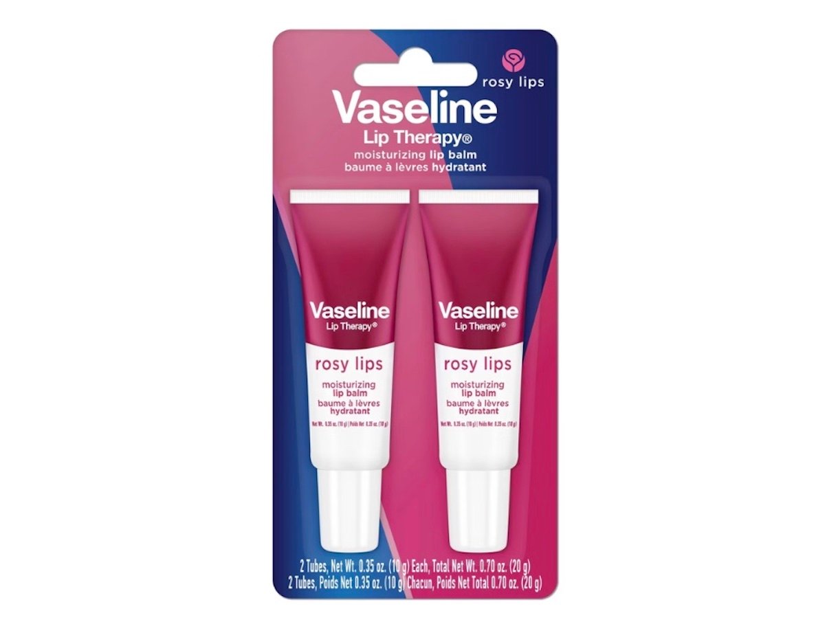 Two tubes of Vaseline Lip Therapy Rosy Lips moisturizing lip balm are packaged on a pink and blue card with white text, showing the product name and details in English and French.