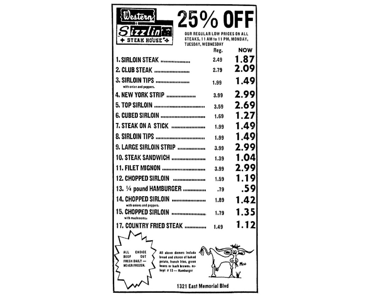 Black and white menu for Western Sizzlin’ Steak House offering 25% off steaks, hamburgers, and other dishes. Prices are listed for items like sirloin steak, club steak, and fried steak. Cartoon cattle and address at the bottom.