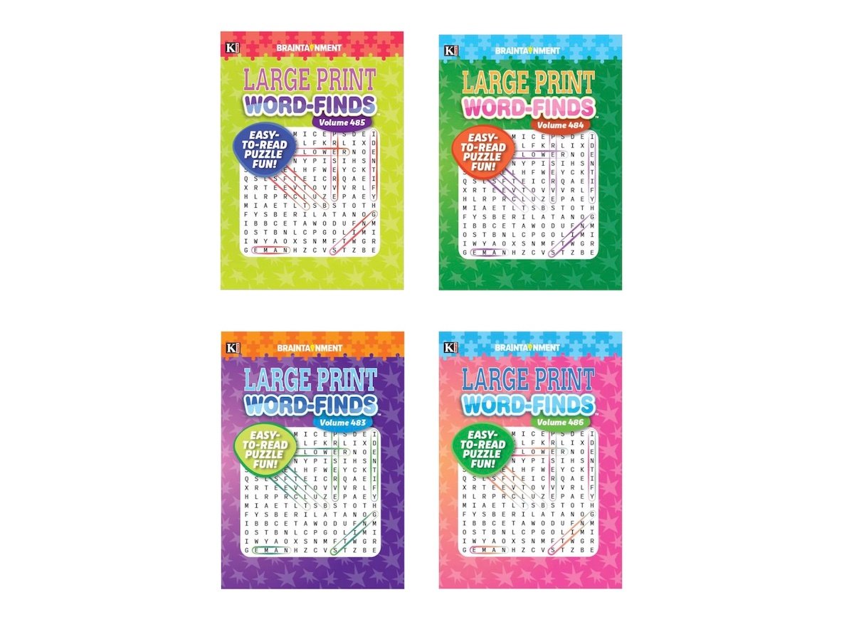 Four large print word-find puzzle books with colorful covers (yellow, green, purple, and pink), each displaying a sample word search grid and labeled “Easy-to-Read Puzzle Fun!” above the puzzle.
