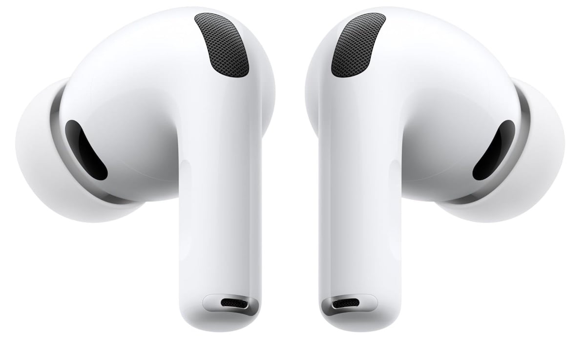 A pair of white wireless earbuds with silicone ear tips and black speaker grilles, shown against a plain white background.
