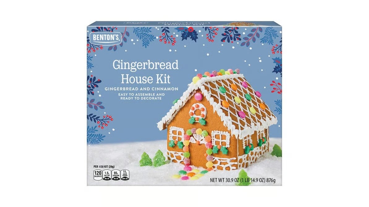 A box of Benton's Gingerbread House Kit, featuring an image of a decorated gingerbread house with candy and icing under a snowy, festive background. The kit is labeled gingerbread and cinnamon flavor.