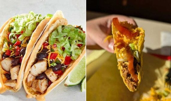 Two tacos on the left with grilled chicken, black beans, lettuce, cheese, and diced tomatoes on soft tortillas sit beside a hand holding a hard shell taco filled with ground beef&mdash;showcasing some of the best fast-food tacos around.