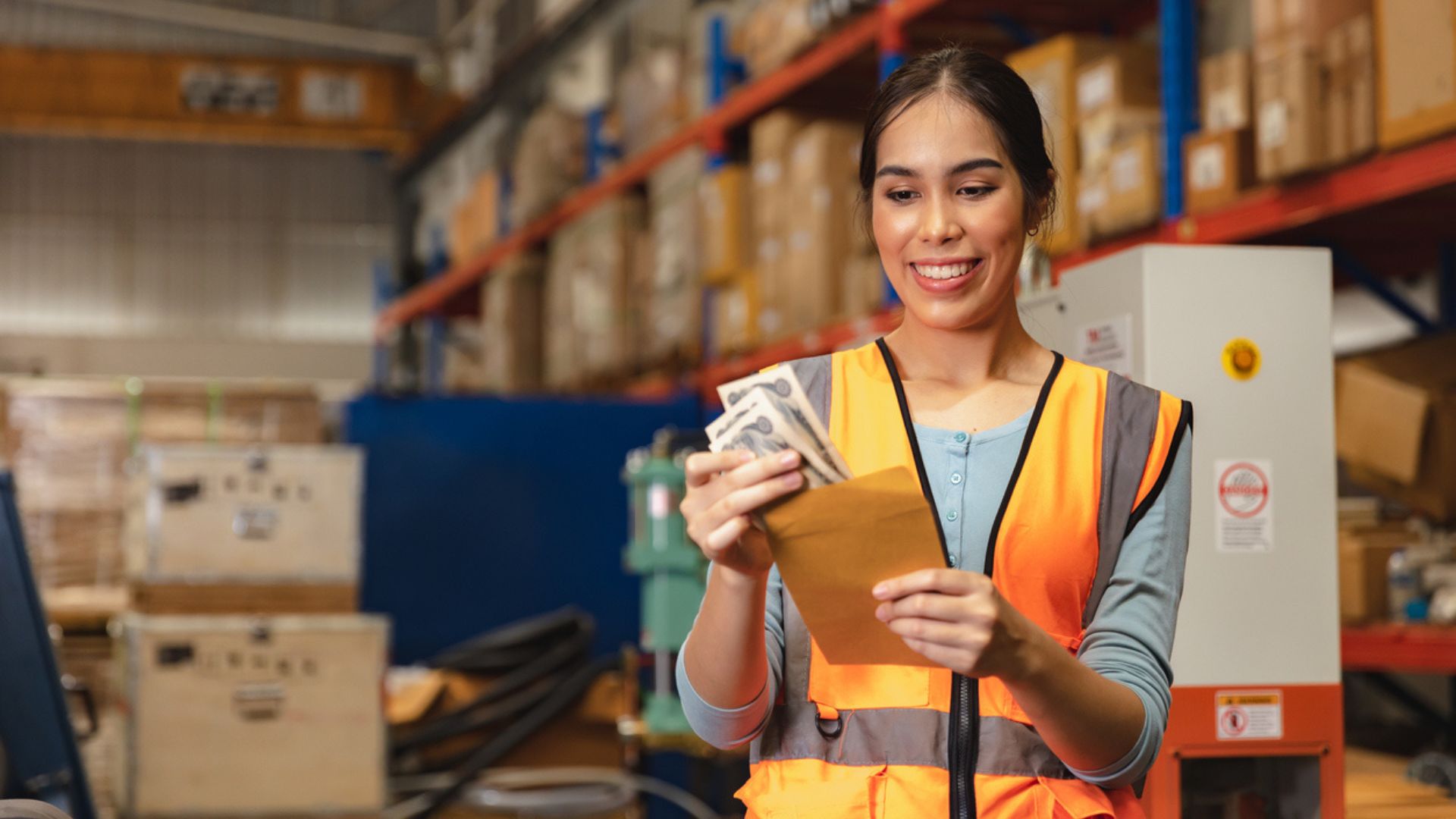 A woman wearing a safety vest stands in a warehouse, smiling as she counts money taken from a brown envelope, with shelves of boxes and equipment visible in the background.