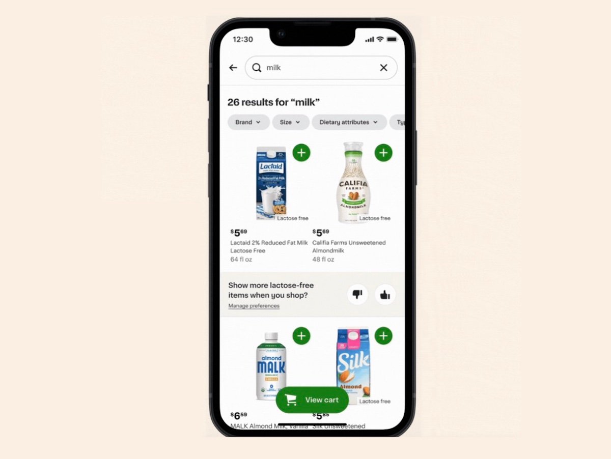A smartphone screen displays an online grocery app with search results for "milk," showing lactose-free options from Lactaid, Califia Farms, and Silk, each with prices and an add button.
