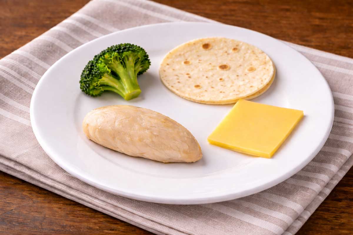 A white plate holds a piece of cooked chicken breast, a broccoli floret, a slice of cheddar cheese, and two small flour tortillas. The plate sits on a folded striped cloth on a wooden table.