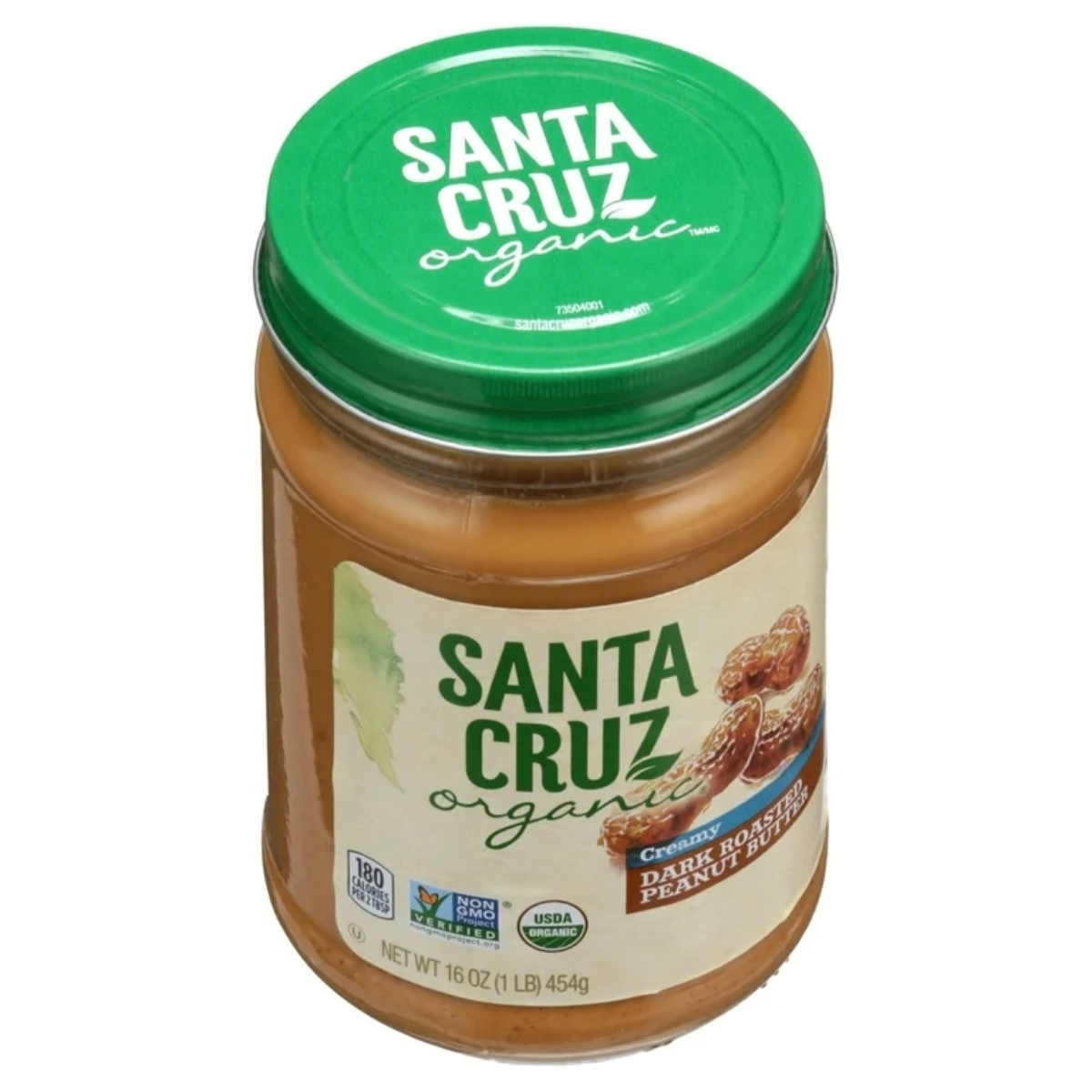 A jar of Santa Cruz Organic creamy dark roasted peanut butter with a green lid and beige label featuring peanuts and nutrition information. The jar contains 16 oz (454g) of peanut butter.