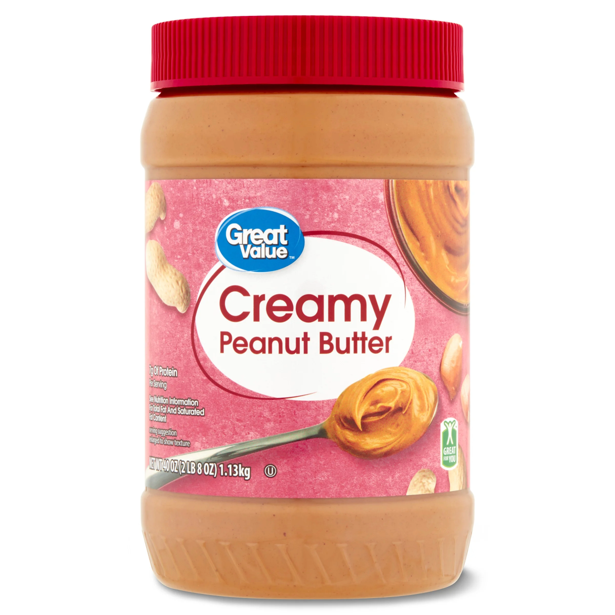 A jar of Great Value Creamy Peanut Butter with a red lid, displaying the label on the front. The label shows images of peanuts and a swirl of peanut butter on a pink background. The jar contains 2 lb 8 oz (1.13 kg).