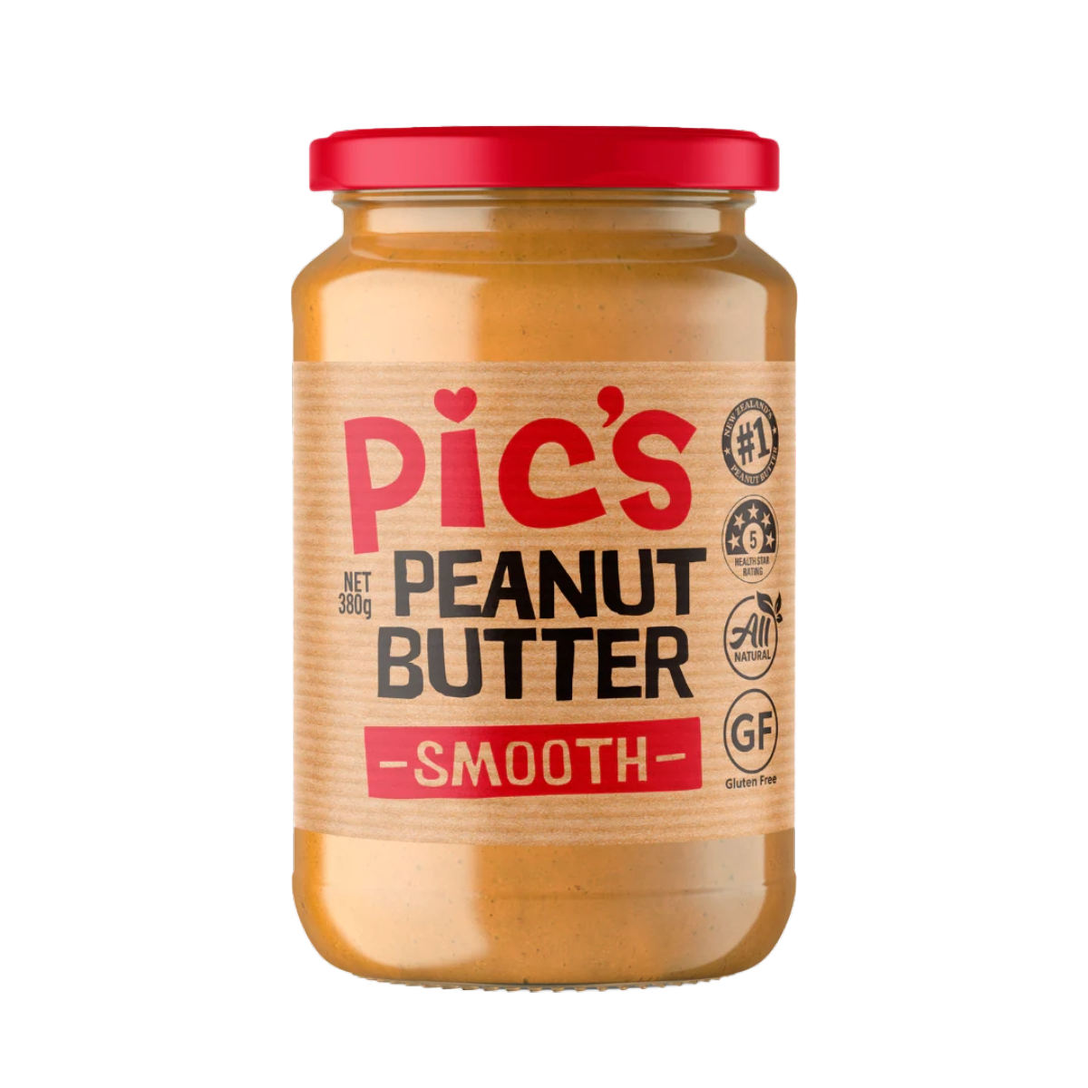 A jar of Pic’s Peanut Butter Smooth with a red lid and a brown label displaying the product name, nutrition icons, and gluten-free certification. The jar is filled with smooth peanut butter.