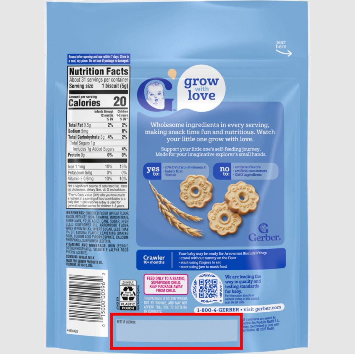 The back of a Gerber baby snack package features nutrition facts, product information, images of the snacks and wheat, a barcode, and a highlighted “best by” date area at the bottom. The background is blue.