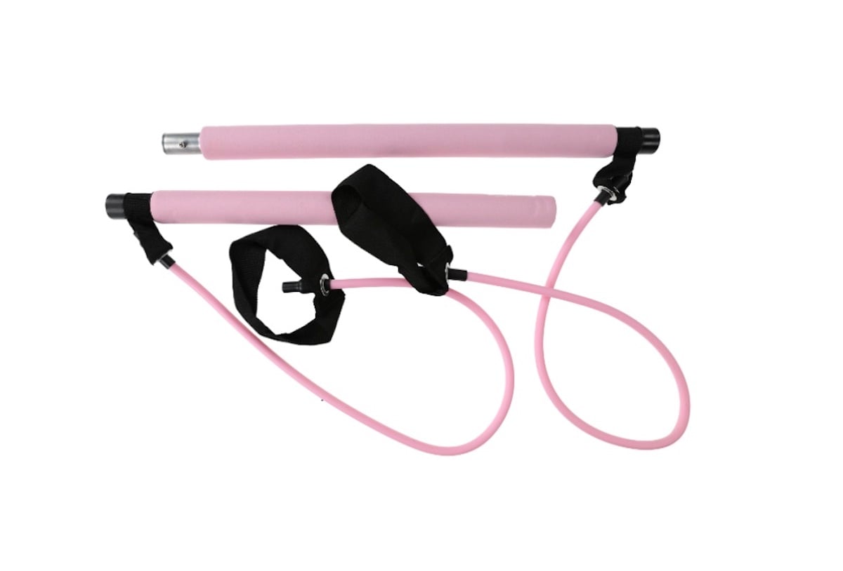 Two pink detachable exercise bars connected by pink resistance bands with black ankle straps, displayed on a white background.