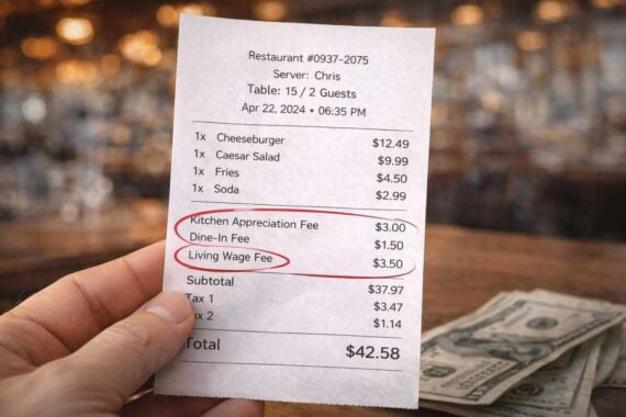 A hand holding a receipt, highlighting concerns about restaurants cutting corners.