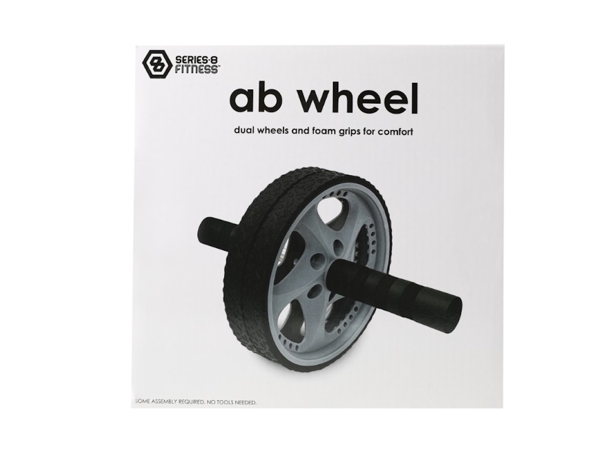 A product box for a Series 8 Fitness ab wheel, showing a gray ab wheel with black foam handles. The text reads: "ab wheel, dual wheels and foam grips for comfort.