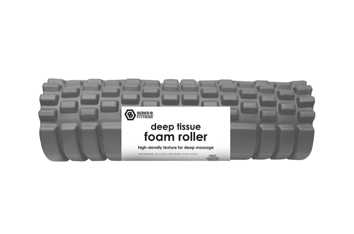 A textured, cylindrical deep tissue foam roller with a label reading "deep tissue foam roller" and "high-density texture for deep massage" against a white background.