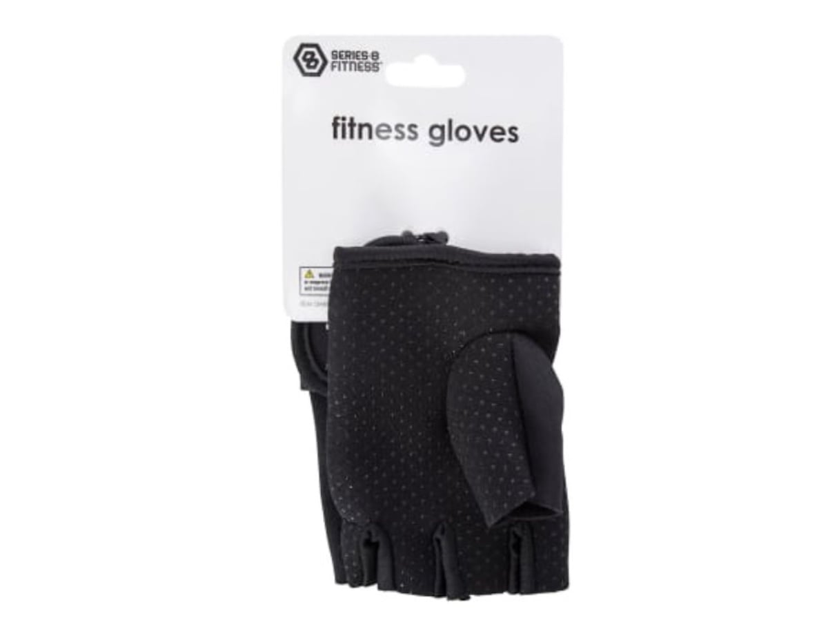 A package of black fingerless fitness gloves with small grip dots, labeled “fitness gloves” by Series 8 Fitness, displayed on a white backing card.