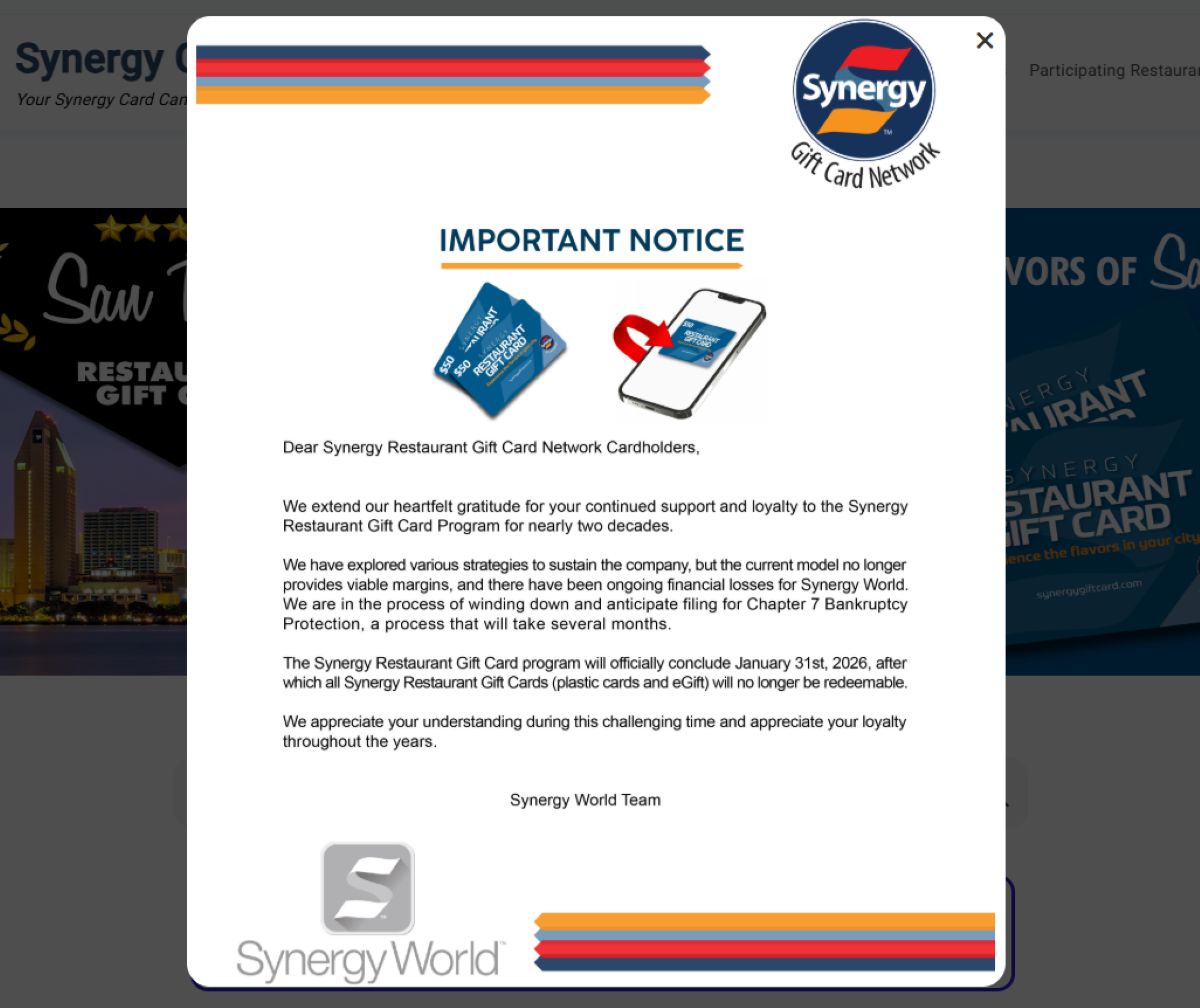 A notice from Synergy World announces the end of their restaurant gift card program, effective January 31, 2006, with a message thanking customers and explaining the program’s closure.