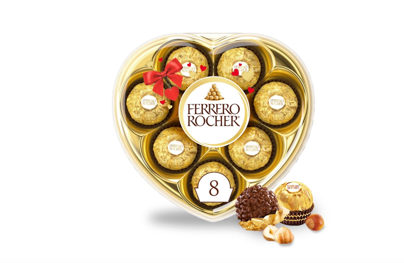 A heart-shaped box of Ferrero Rocher chocolates containing 8 pieces, with gold wrappers, a decorative red bow, and a few chocolates with hazelnuts shown in front of the box on a white background.