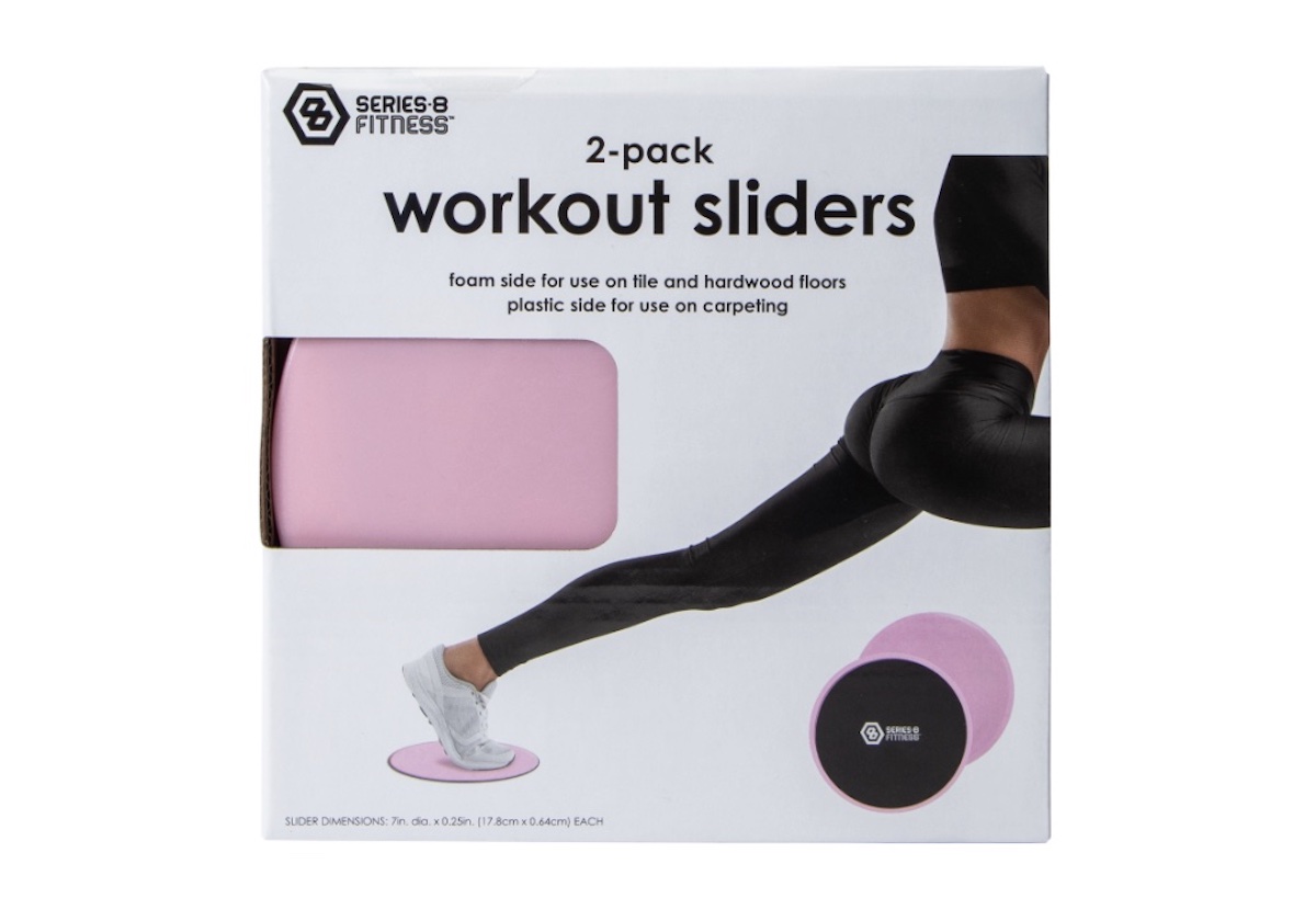 A box of Series 8 Fitness 2-pack workout sliders, featuring a photo of a person’s legs using a pink slider on the floor, with product details printed on the packaging.